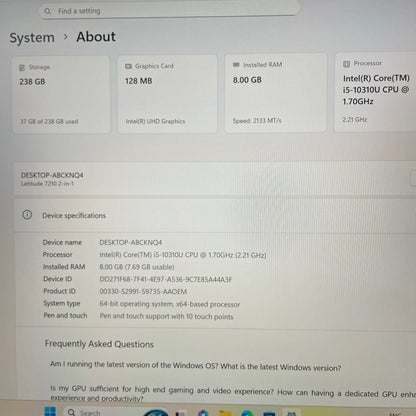 Dell Latitude 7210 12.3" 2-in-1 Tablet Laptop, 8GB RAM, i5 10th Gen, 256GB SSD