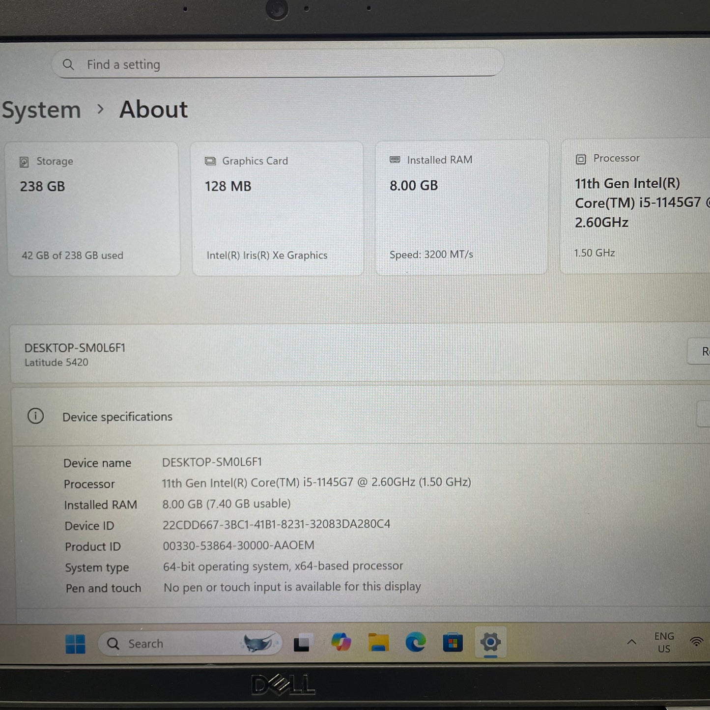 Dell Latitude 5420 14" Laptop, 8GB RAM, i5 11th Gen, 256GB SSD