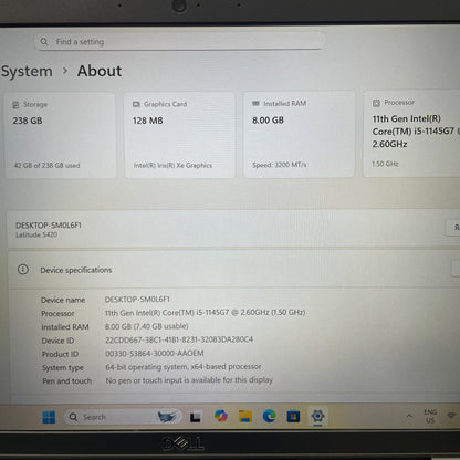 Dell Latitude 5420 14" Laptop, 8GB RAM, i5 11th Gen, 256GB SSD