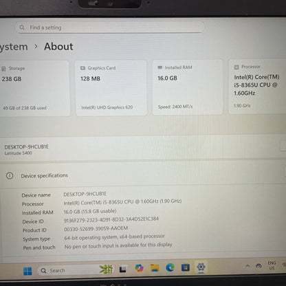 Dell Latitude 5400 14" Laptop, 16GB RAM, i5 8th Gen, 256GB SSD