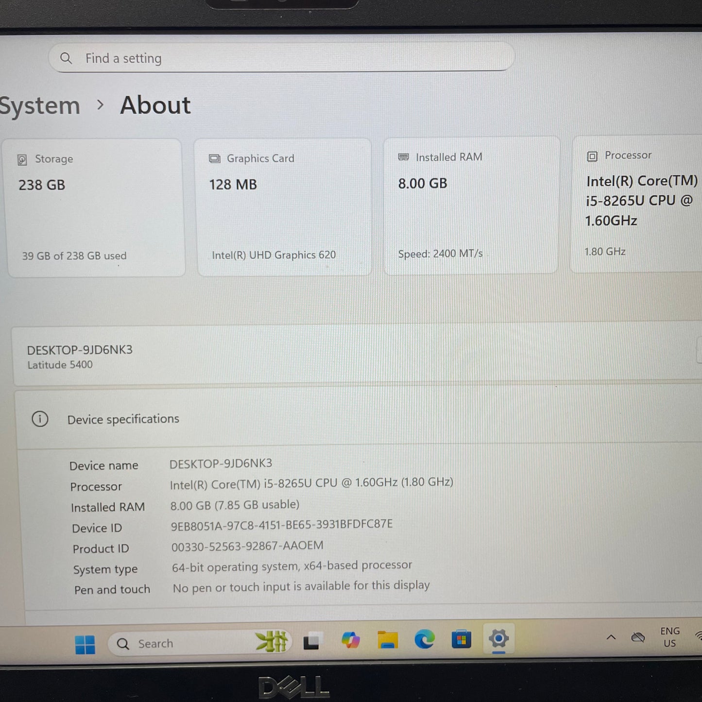 Dell Latitude 5400 14" Laptop, 8GB RAM, i5 8th Gen, 256GB SSD