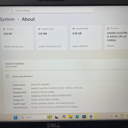 Dell Latitude 5400 14" Laptop, 8GB RAM, i5 8th Gen, 256GB SSD
