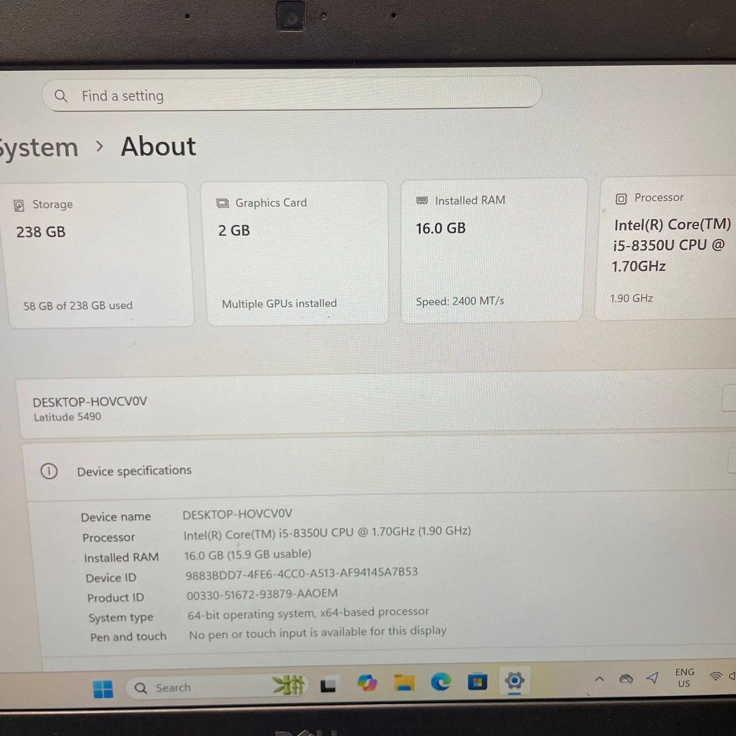 Dell Latitude 5490 14" Laptop, 16GB RAM, i5 8th Gen, 256GB SSD