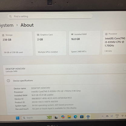 Dell Latitude 5490 14" Laptop, 16GB RAM, i5 8th Gen, 256GB SSD