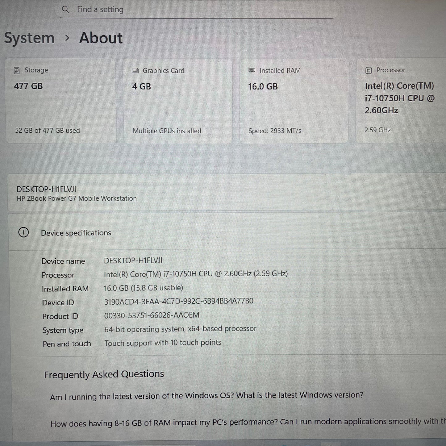 HP ZBook Power G7 15.5" Laptop, 16GB RAM, i7 10th Gen, 512GB SSD