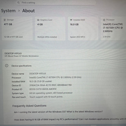 HP ZBook Power G7 15.5" Laptop, 16GB RAM, i7 10th Gen, 512GB SSD