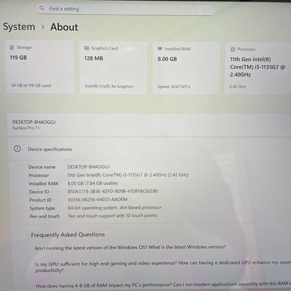 Microsoft Surface Pro 7+ 1960 12.3" Tablet Laptop, 8GB RAM, i5 11th Gen, 128GB SSD
