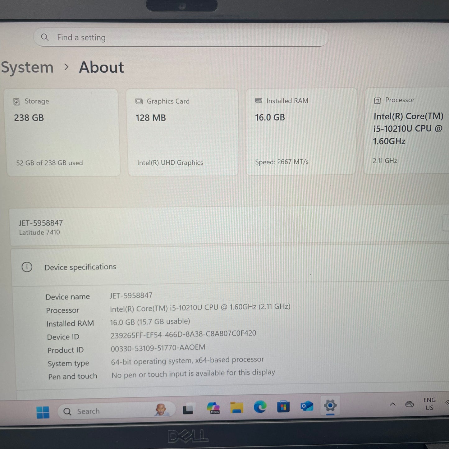 Dell Latitude 7410 14" Laptop, 16GB RAM, i5 10th Gen, 256GB SSD