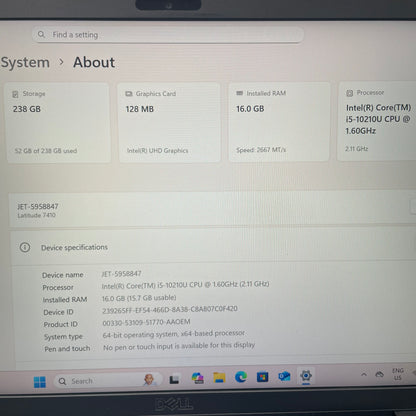 Dell Latitude 7410 14" Laptop, 16GB RAM, i5 10th Gen, 256GB SSD