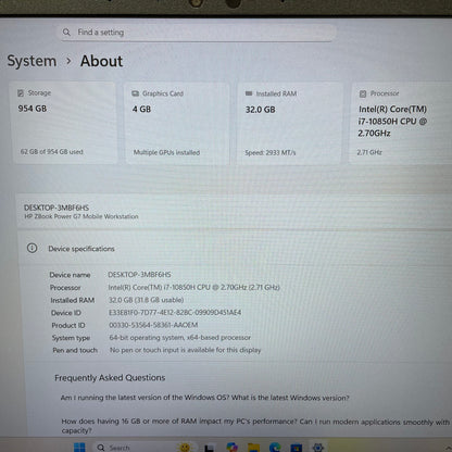 HP ZBook Power G7 15.6" Laptop, 32GB RAM, i7 10th Gen, 1TB SSD
