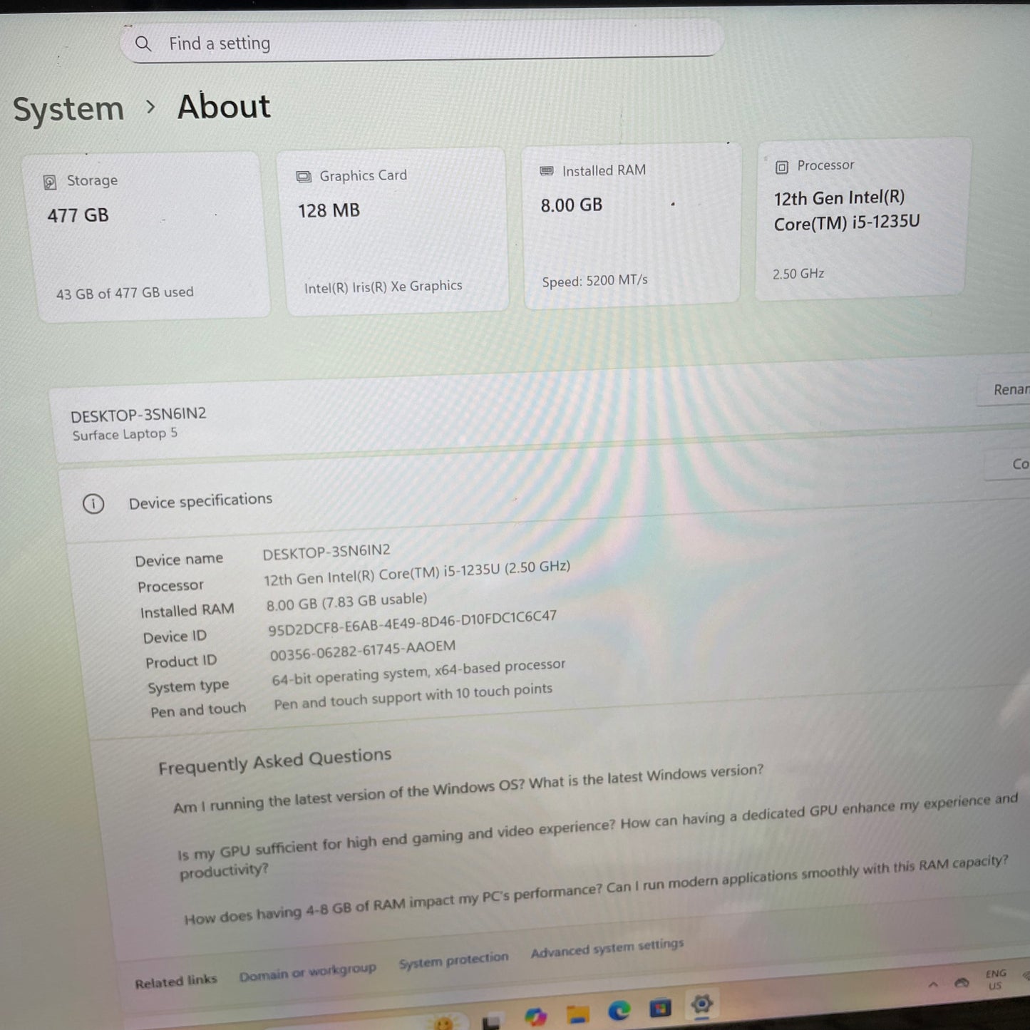 Microsoft Surface Laptop 5 1951 13.5" Laptop, 8GB RAM, i5 12th Gen, 512GB SSD