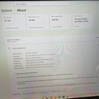 Microsoft Surface Laptop 5 1951 13.5" Laptop, 8GB RAM, i5 12th Gen, 512GB SSD