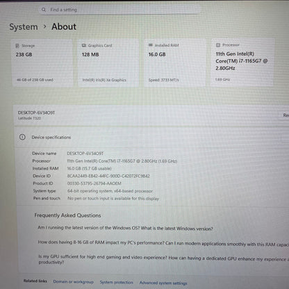 Dell Latitude 7320 13.3" Laptop, 16GB RAM, i7 11th Gen, 256GB SSD