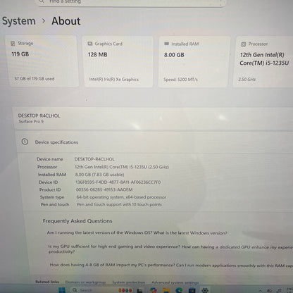 Microsoft Surface Pro 9 2038 13" Tablet Laptop, 8GB RAM, i5 12th Gen, 128GB SSD