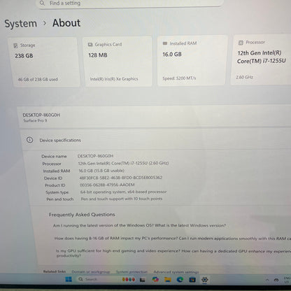 Microsoft Surface Pro 9 2038 13" Tablet Laptop, 16GB RAM, i7 12th Gen, 256GB SSD