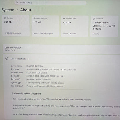 Microsoft Surface Pro 8 1983 13" Tablet Laptop, 8GB RAM, i5 11th Gen, 256GB SSD