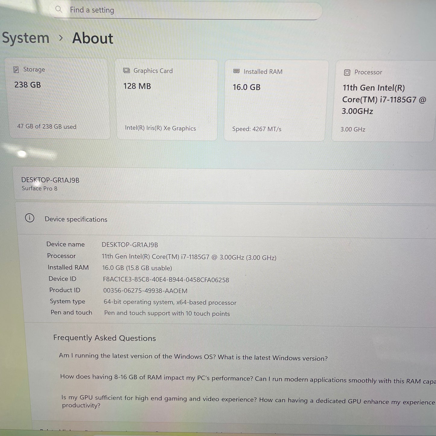 Microsoft Surface Pro 8 1983 13" Tablet Laptop, 16GB RAM, i7 11th Gen, 256GB SSD