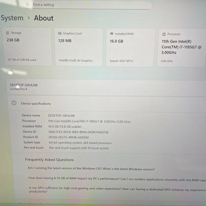 Microsoft Surface Pro 8 1983 13" Tablet Laptop, 16GB RAM, i7 11th Gen, 256GB SSD