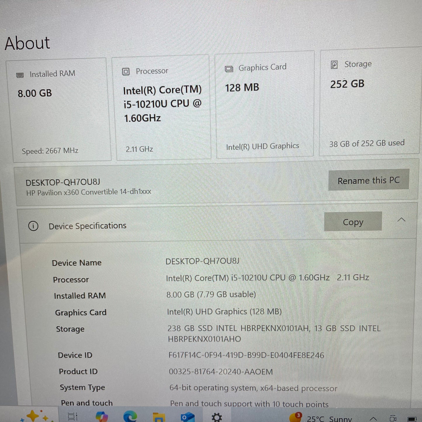 HP Pavilion x360 Convertible 14-dh1142TU 14" Laptop, 8GB RAM, i5 10th Gen, 16GB SSD + 256GB SSD