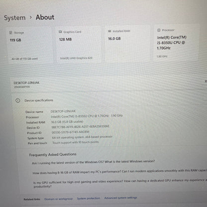 Lenovo ThinkPad T480s 14" Laptop, 16GB RAM, i5 8th Gen, 128GB SSD