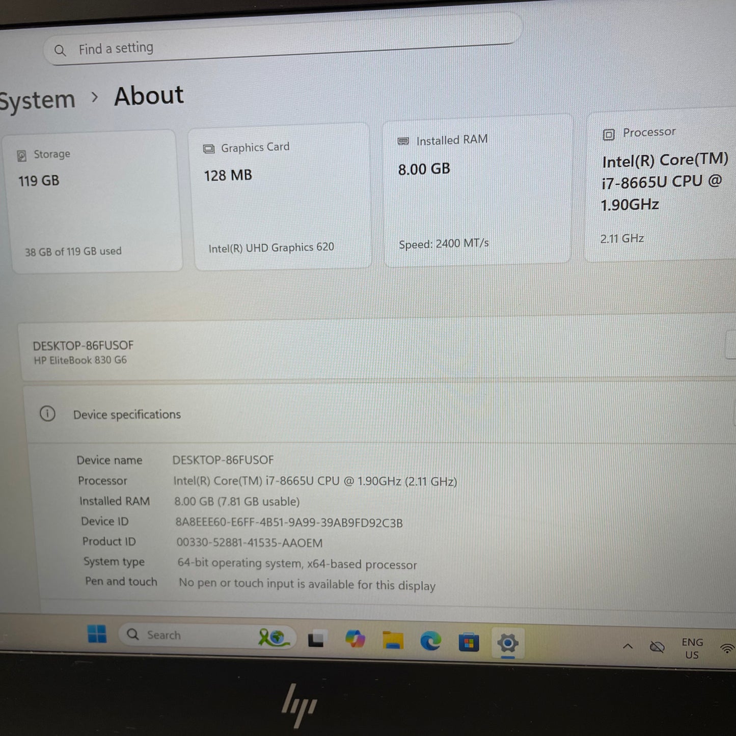 HP EliteBook 830 G6 13.3" Laptop, 8GB RAM, i7 8th Gen, 128GB SSD