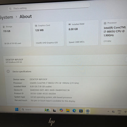 HP EliteBook 830 G6 13.3" Laptop, 8GB RAM, i7 8th Gen, 128GB SSD