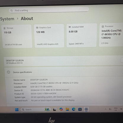 HP EliteBook 830 G5 13.3" Laptop, 8GB RAM, i7 8th Gen, 128GB SSD