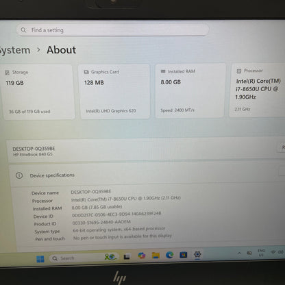 HP EliteBook 840 G5 14" Laptop, 8GB RAM, i7 8th Gen, 128GB SSD