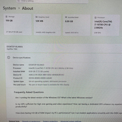 Dell Optiplex 7080 Micro Desktop PC, 8GB RAM, i7 10th Gen, 128GB SSD