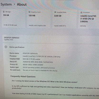 Dell Optiplex 7070 Micro Desktop PC, 8GB RAM, i7 9th Gen, 128GB SSD