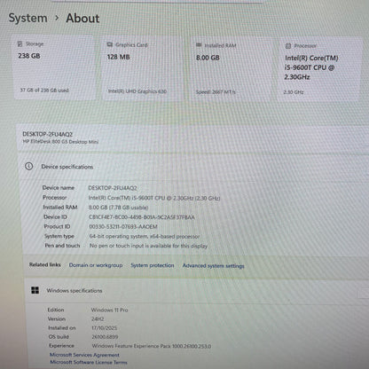 HP EliteDesk 800 G5 DM Mini Desktop PC, 8GB RAM, i5 9th Gen, 256GB SSD