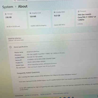 Dell Latitude 7320 13" Detachable 2-in-1 Laptop, 16GB RAM, i7 11th Gen, 256GB SSD