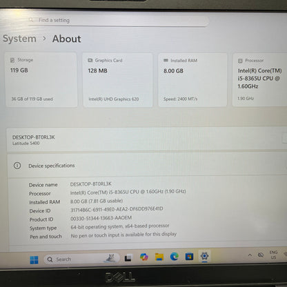 Dell Latitude 5400 14" Laptop, 8GB RAM, i5 8th Gen, 128GB SSD