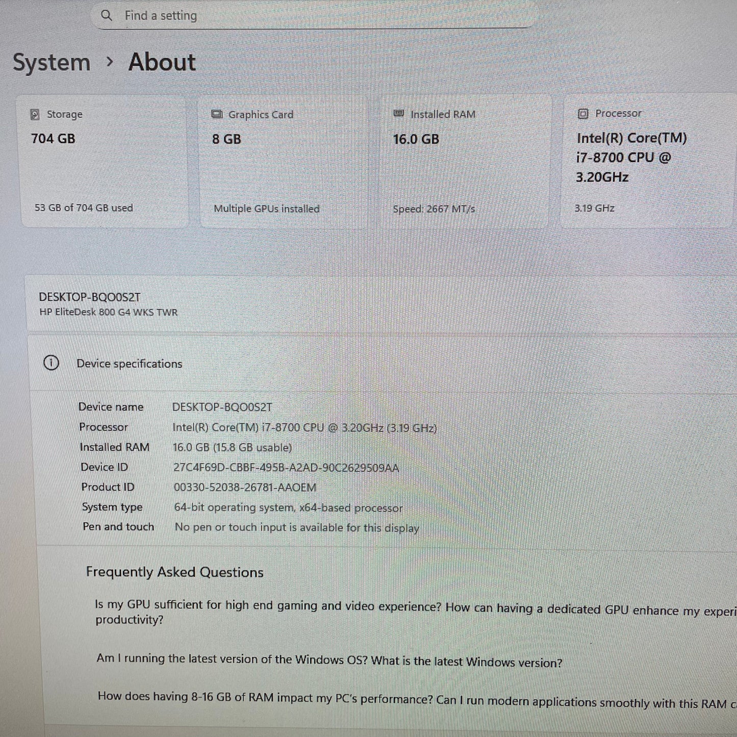 HP EliteDesk 800 G4 Tower Desktop PC, 16GB RAM, i7 8th Gen, 256GB SSD + 500GB HDD