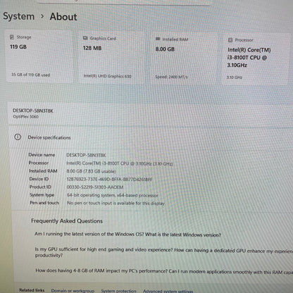 Dell Optiplex 3060 Micro Desktop PC, 8GB RAM, i3 8th Gen, 128GB SSD, Wi-Fi