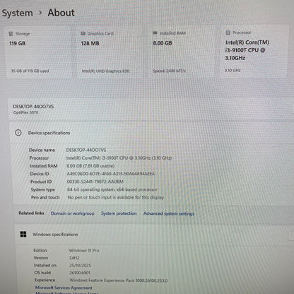 Dell Optiplex 3070 Micro Desktop PC, 8GB RAM, i3 9th Gen, 128GB SSD