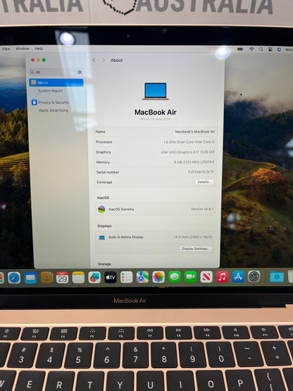 MacBook Air A1932 13" Laptop, 8GB RAM, i5 8th Gen, 128GB SSD