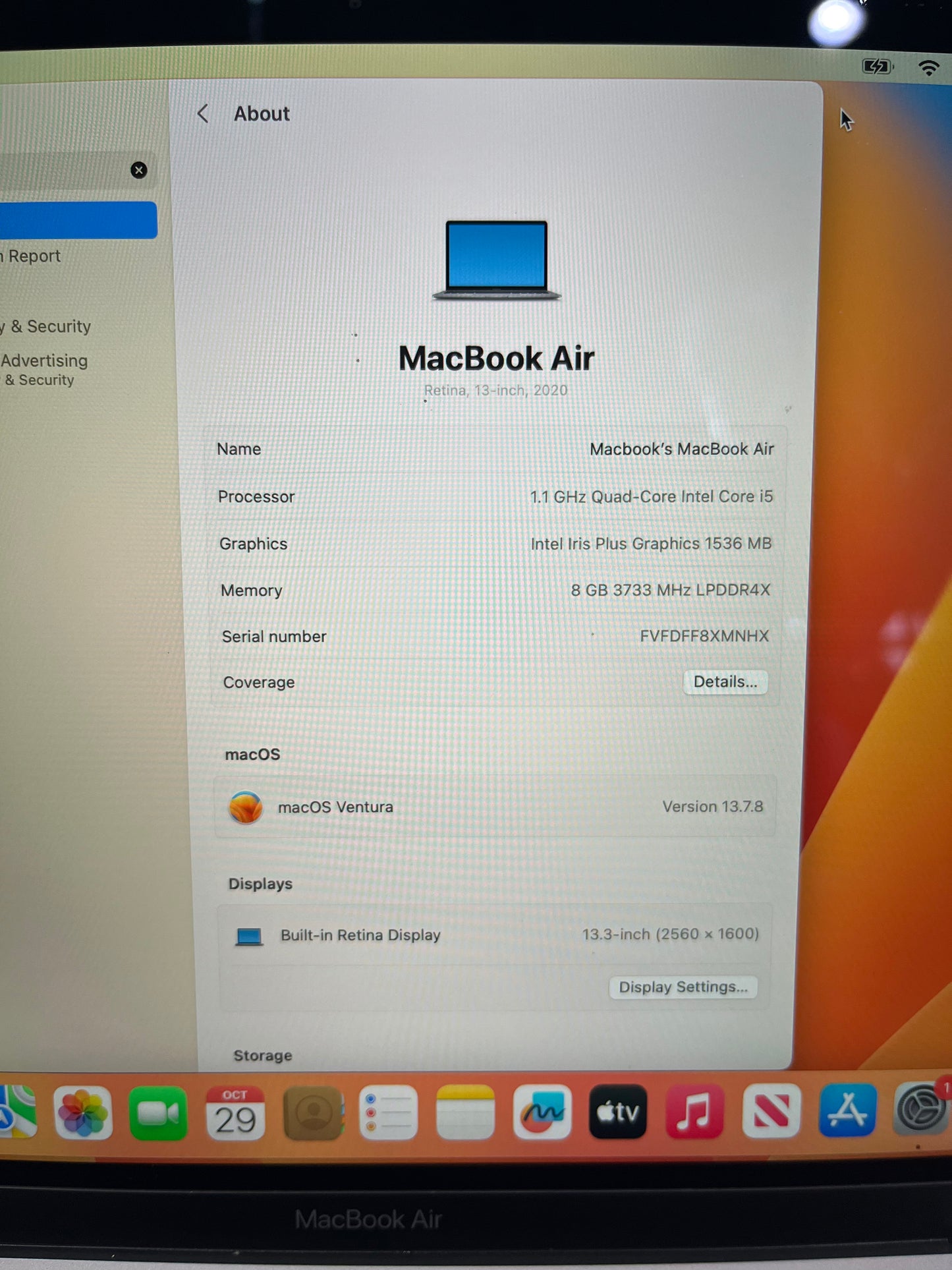 MacBook Air A2179 13" Laptop, 8GB RAM, i5 8th Gen,256GB SSD