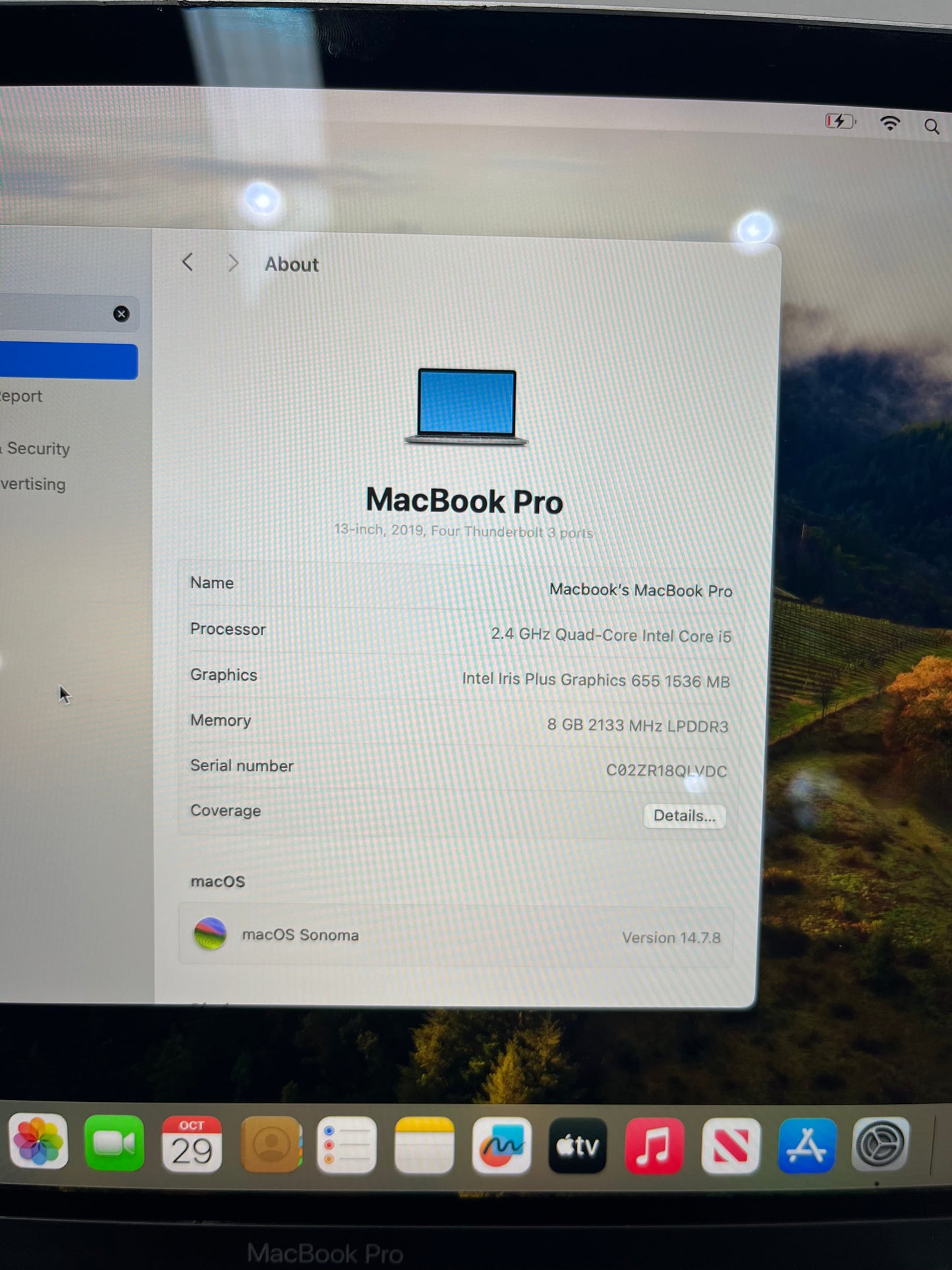 MacBook Pro A1989 13" Laptop, 8GB RAM, i5 8th Gen, 256GB SSD