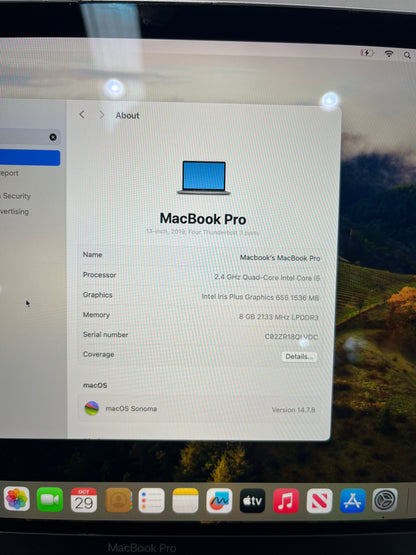 MacBook Pro A1989 13" Laptop, 8GB RAM, i5 8th Gen, 256GB SSD