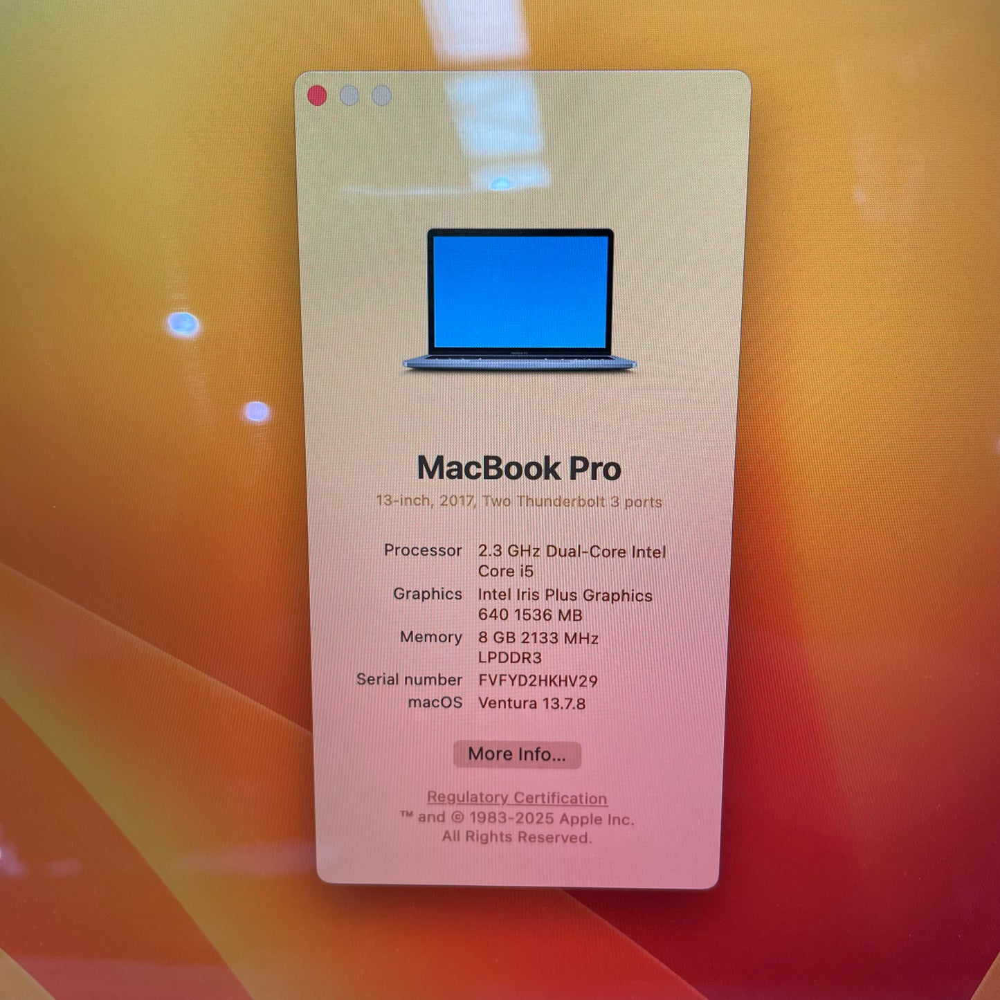 Apple MacBook Pro 13" A1708 Laptop, 8GB RAM, i5 7th Gen, 256GB SSD