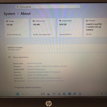 HP ProBook 430 G5 13.3" Laptop, 16GB RAM, i7 8th Gen, 128GB SSD