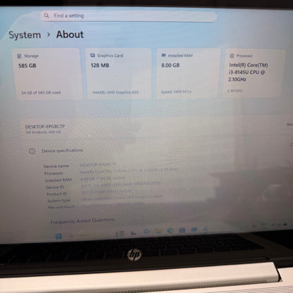 HP ProBook 430 G6 13" Laptop, 8GB RAM, i3 8th Gen, 500GB HDD