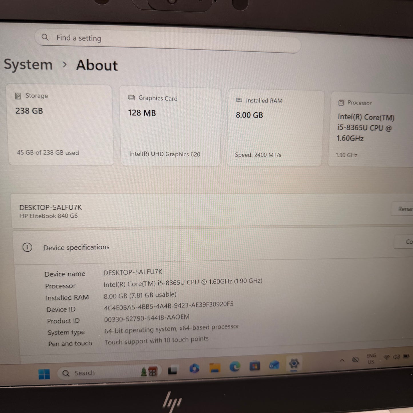 HP EliteBook 840 G6 13.3" Laptop, 8GB RAM, i5 8th Gen, 256GB SSD