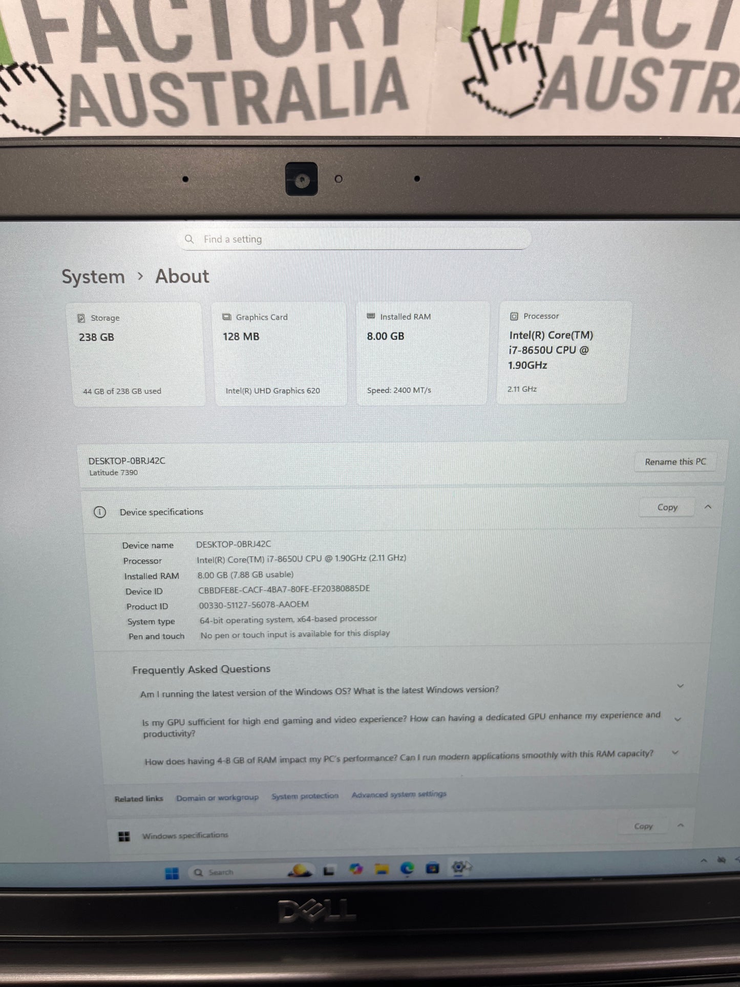 Dell Latitude 7390 13.3" Laptop, 8GB RAM, i7 8th Gen, 256GB SSD