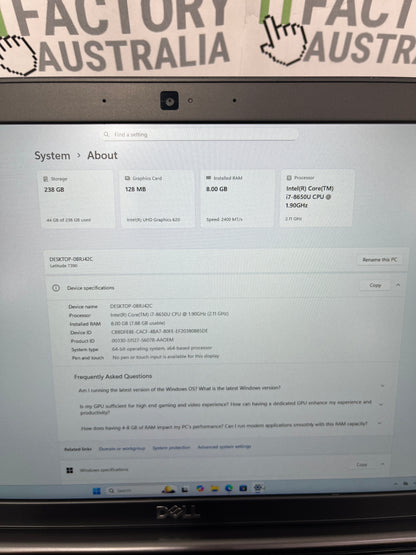 Dell Latitude 7390 13.3" Laptop, 8GB RAM, i7 8th Gen, 256GB SSD