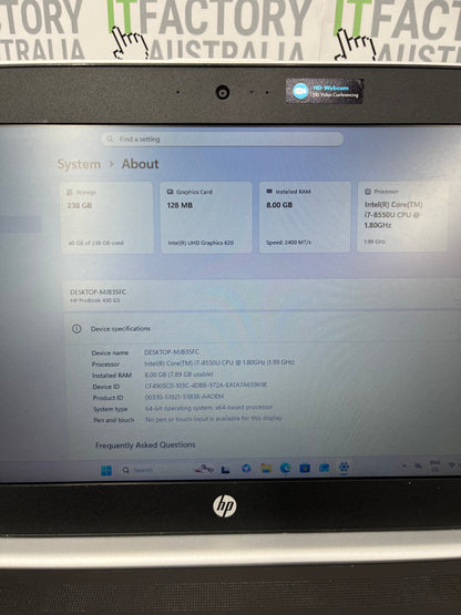 HP ProBook 430 G5 13.3" Laptop, 8GB RAM, i7 8th Gen, 256GB SSD