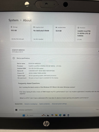 HP ProBook 450 G7 15" Laptop, 32GB RAM, i5 10th Gen, 1TB SSD