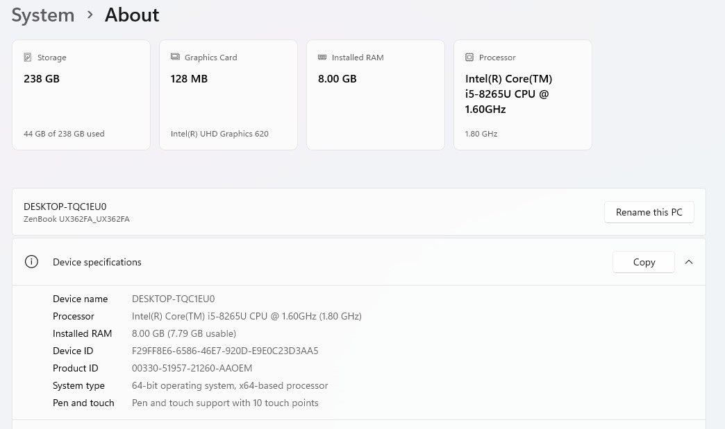 Asus Zenbook Flip 13 UX362F, 13.3" Touchscreen 8GB RAM, i5 8th Gen, 256GB SSD