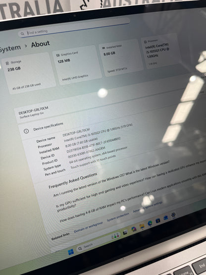 Microsoft Surface Laptop Go Intel i5 10th Gen 8GB RAM 256GB SSD 12.4" Win 11